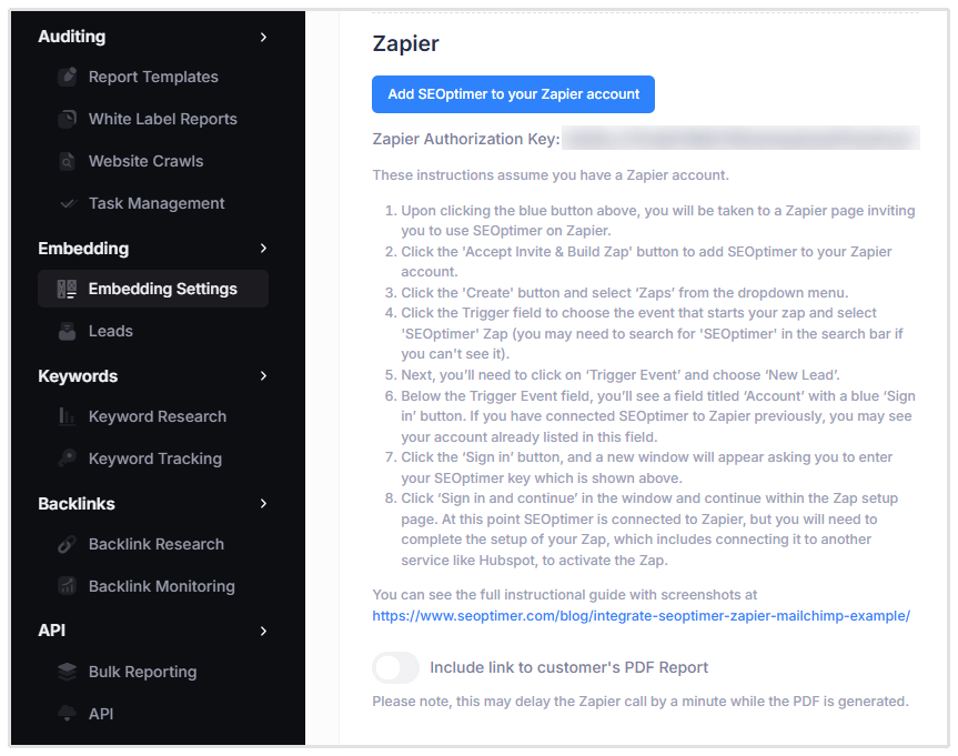 Zapier SEOptimer Connection